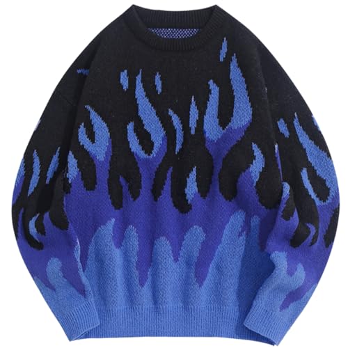 ZAFUL Y2K Herren-Pullover mit ästhetischer Flamme, lässiger Strickpullover, langärmelig, Rundhalsausschnitt, 0-deep blue, Groß von ZAFUL