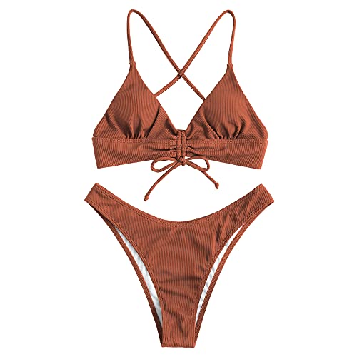 ZAFUL Zugezogen Gerippt Fest Schnüren Hoher Schnitt Brasilianisch Bikini Set Gepolstert Zwei Stücke Badeanzug Bademode für Damen (G-Braun,L) von ZAFUL