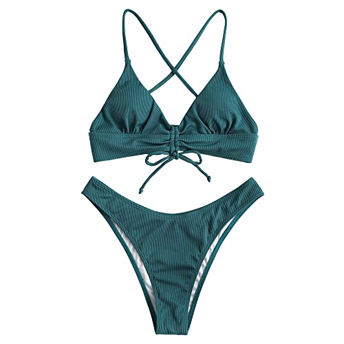 ZAFUL Zugezogen Gerippt Fest Schnüren Hoher Schnitt Brasilianisch Bikini Set Gepolstert Zwei Stücke Badeanzug Bademode für Damen (G-Dunkelgrün,M) von ZAFUL
