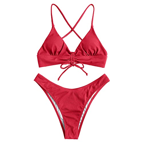 ZAFUL Zugezogen Gerippt Fest Schnüren Hoher Schnitt Brasilianisch Bikini Set Gepolstert Zwei Stücke Badeanzug Bademode für Damen (G-Rot,M) von ZAFUL