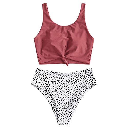 ZAFUL Zweiteiliger Beachwear Set, verknotet Oberteil mit Schulterträger & Tropisches Blattmuster Badehose (Kirschrot, M) von ZAFUL