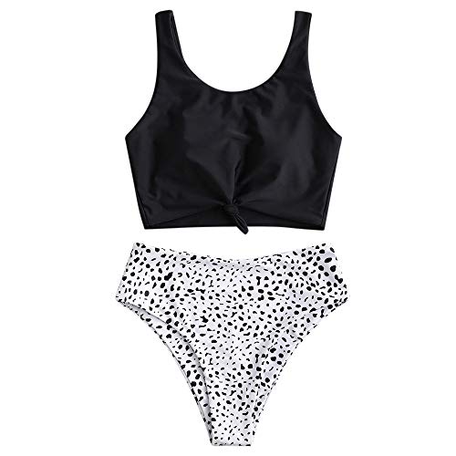 ZAFUL Zweiteiliger Beachwear Set, verknotet Oberteil mit Schulterträger & Tropisches Blattmuster Badehose (Schwarz, 2XL) von ZAFUL