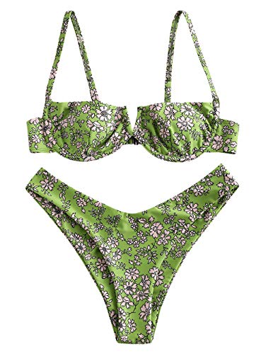 ZAFUL Zweiteiliger Bikini Set, Blumenmuster Hoch Geschnitt Bikini mit Bügel & V-Badehose für Damen (Grün, L) von ZAFUL