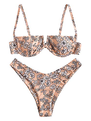 ZAFUL Zweiteiliger Bikini Set, Blumenmuster Hoch Geschnitt Bikini mit Bügel & V-Badehose für Damen (Orange-Rosa, L) von ZAFUL