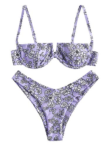 ZAFUL Zweiteiliger Bikini Set, Blumenmuster Hoch Geschnitt Bikini mit Bügel & V-Badehose für Damen (Violett, L) von ZAFUL
