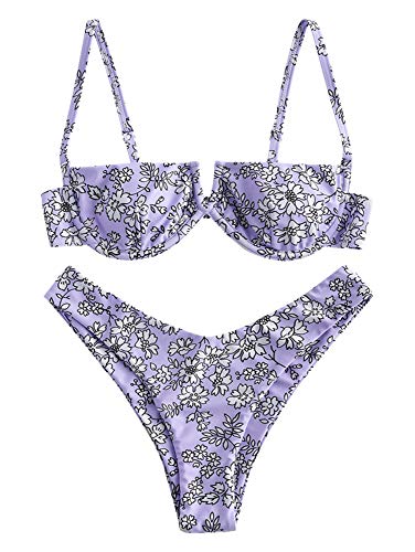 ZAFUL Zweiteiliger Bikini Set, Blumenmuster Hoch Geschnitt Bikini mit Bügel & V-Badehose für Damen (Violett, M) von ZAFUL