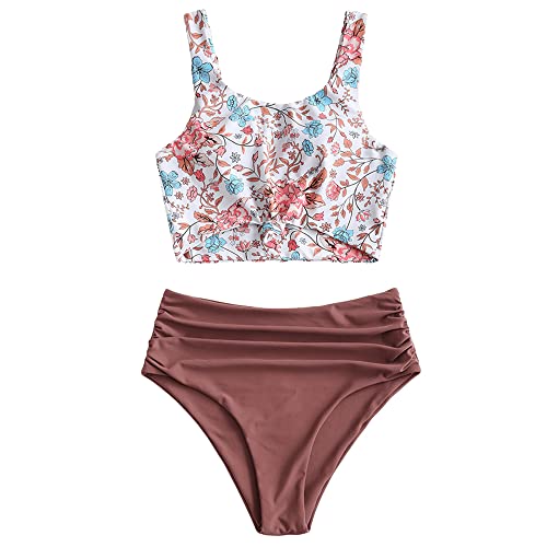 ZAFUL Zweiteiliger Bikini Set, verknotet Oberteil Tankini mit Blumenmuster Sexy Beachwear Sommer （2XL,Blumen-Kastanienrot） von ZAFUL