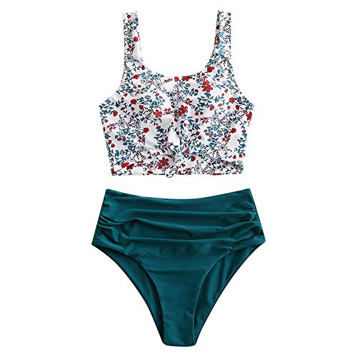 ZAFUL Zweiteiliger Bikini Set, verknotet Oberteil Tankini mit Blumenmuster Sexy Beachwear Sommer （2XL,Blumen-Pfauenblau） von ZAFUL