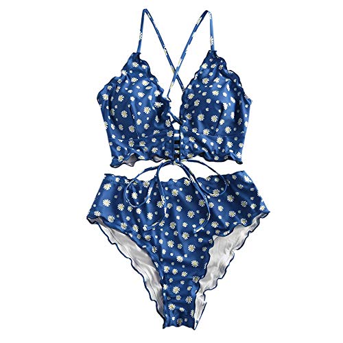 ZAFUL Zweiteiliger Bikini Set, verknotet Oberteil Tankini mit Blumenmuster Sexy Beachwear Sommer （Blumen-blau1, L von ZAFUL