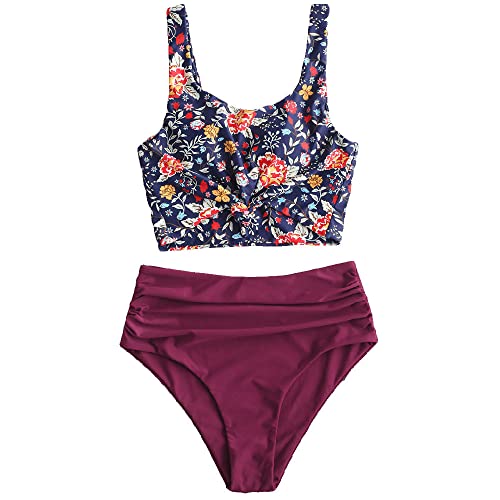 ZAFUL Zweiteiliger Bikini Set, verknotet Oberteil Tankini mit Blumenmuster Sexy Beachwear Sommer （M,Blumen-Weinrot） von ZAFUL