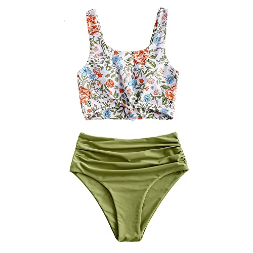 ZAFUL Zweiteiliger Bikini Set, verknotet Oberteil Tankini mit Blumenmuster Sexy Beachwear Sommer （L,Blumen-Zwiebelgrün） von ZAFUL