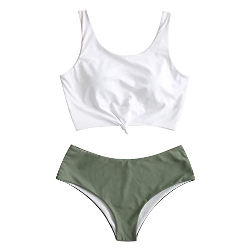 ZAFUL Zweiteiliger verknotet Tankini Beachwear Set, einfarbiger gepolsterter Badeanzug mit Schulterträger & Badehose für Damen (Grün, M) von ZAFUL