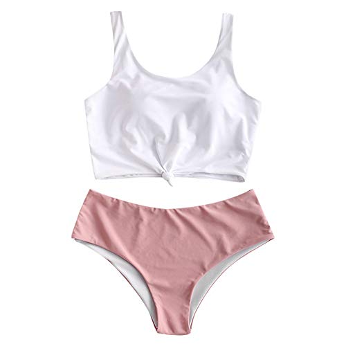 ZAFUL Zweiteiliger verknotet Tankini Beachwear Set, einfarbiger gepolsterter Badeanzug mit Schulterträger & Badehose für Damen (Rosa, L) von ZAFUL