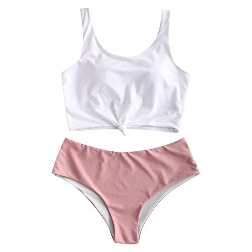 ZAFUL Zweiteiliger verknotet Tankini Beachwear Set, einfarbiger gepolsterter Badeanzug mit Schulterträger & Badehose für Damen (Rosa, M) von ZAFUL