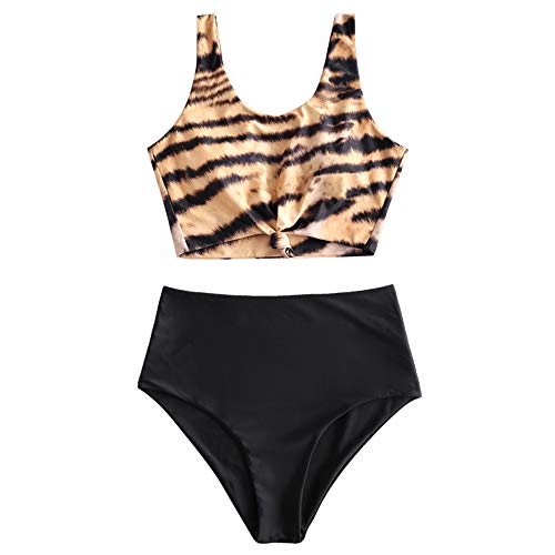 ZAFUL Zweiteiliger verknotet Tankini Beachwear Set, einfarbiger gepolsterter Badeanzug mit Schulterträger & Badehose mit Tropisches Blattmuster für Damen (Tiger-Muster, L) von ZAFUL