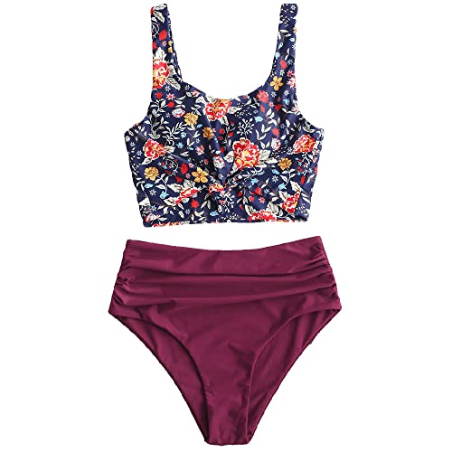 ZAFUL Bauchweg High Waist Tankini-Set mit Niedlichem Knoten, Blumen-Crop-Bikinioberteil & Rüschen-Bikinihose | Gepolsterter Zweiteiliger Badeanzug für Damen (Blumen-Weinrot,L) von ZAFUL