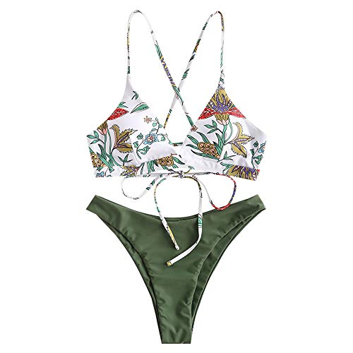ZAFUL zweiteilig Bikini-Set, Blumenmuster Frauen drucken Push-Up gepolsterter BH Beach Bikini Set Triangle Badehose (3-Grün,S) von ZAFUL