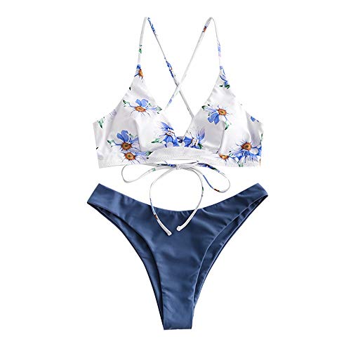 ZAFUL zweiteilig Bikini-Set, Blumenmuster Frauen drucken Push-Up gepolsterter BH Beach Bikini Set Triangle Badehose (Seidenblau,S) von ZAFUL