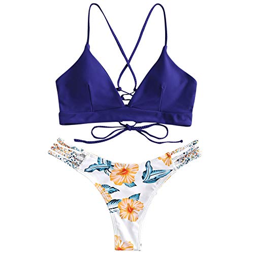 ZAFUL Damen Zweiteilig Bikini-Set mit Flechtgurt verstellbarem BH Push-Up Rücken, Triangle Bustle Badehose mit Blummenmuster (Blau, M) von ZAFUL