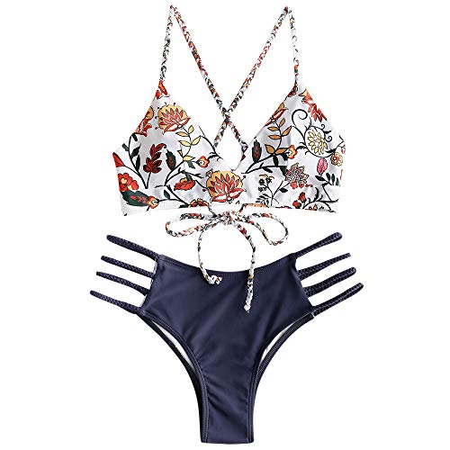 ZAFUL Damen Zweiteilig Bikini-Set mit Flechtgurt verstellbarem BH Push-Up Rücken, Triangle Einfarbig Badehose mit Blummenmuster (Blau-2, M) von ZAFUL