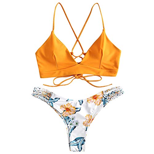 ZAFUL zweiteilig Bikini-Set mit Flechtgurt verstellbarem BH Push-Up Rücken, Triangle Bustle Badehose mit Blummenmuster (Gelb, L) von ZAFUL