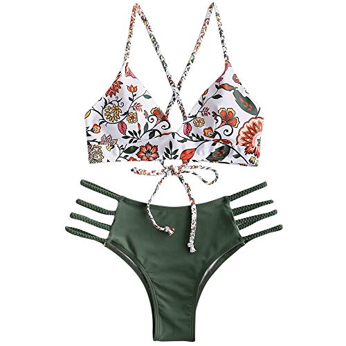 ZAFUL Damen Zweiteilig Bikini-Set mit Flechtgurt verstellbarem BH Push-Up Rücken, Triangle Einfarbig Badehose mit Blummenmuster (Grün-2, M) von ZAFUL