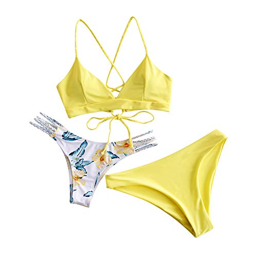 ZAFUL Damen Bikini-Set 3 Pieces mit Blumenmuster gepolstegrte Push-Up BH mit Flechtgurt Cami Triangel Cheeky Badeanzug Badebekleidung (3-Gelb,L) von ZAFUL