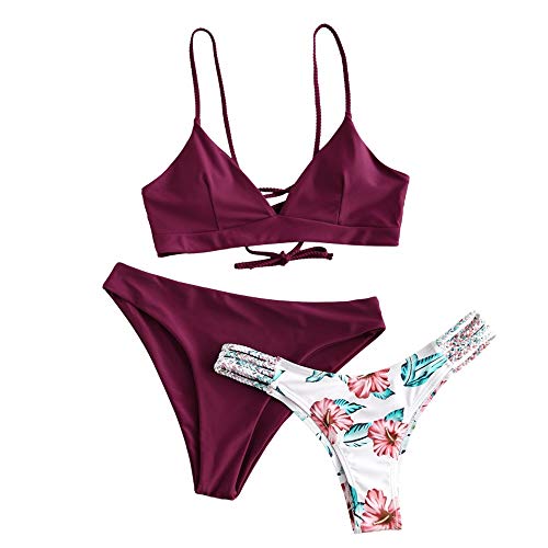 ZAFUL Damen Bikini-Set mit Flechtgurt verstellbarem BH Push-Up Rücken, Triangle Bustle Badehose mit Blummenmuster (Pflaumentorte Rot, L) von ZAFUL