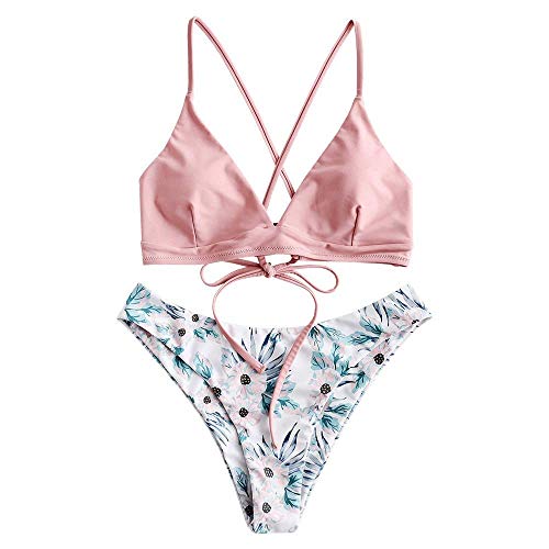 ZAFUL zweiteilig Bikini-Set mit verstellbarem BH Push-Up Rücken, Triangle Bustle Badehose mit Blummenmuster (Hellrosa, S) von ZAFUL