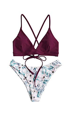 ZAFUL zweiteilig Bikini-Set mit verstellbarem BH Push-Up Rücken, Triangle Bustle Badehose mit Blummenmuster (Kastanienbraun, M) von ZAFUL