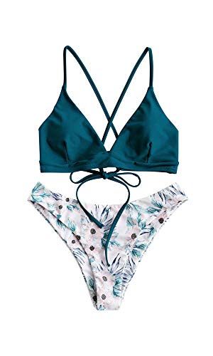 ZAFUL zweiteilig Bikini-Set mit verstellbarem BH Push-Up Rücken, Triangle Bustle Badehose mit Blummenmuster (Pfauenblau, S) von ZAFUL