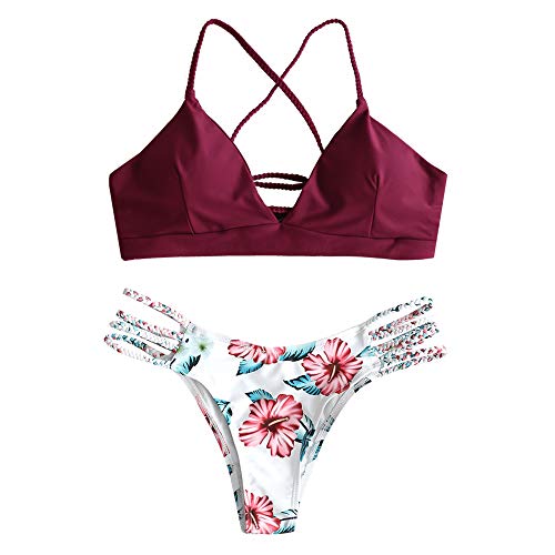 ZAFUL zweiteilig Bikini-Set mit verstellbarem BH Push-Up Rücken, Triangle Bustle Badehose mit Blummenmuster (Weinrot, L) von ZAFUL