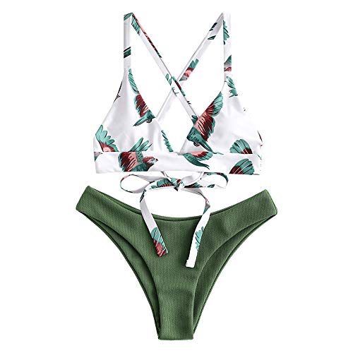 ZAFUL zweiteilig Bikini-Set mit verstellbarem BH & Rückengurt Design, Triangle Badehose mit Vögel-Gedruckt (Grün, S) von ZAFUL