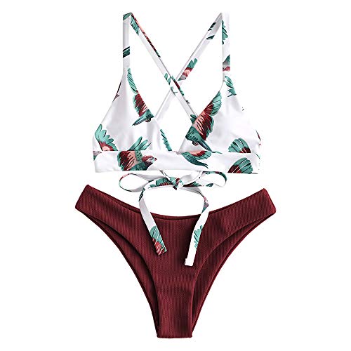 ZAFUL zweiteilig Bikini-Set mit verstellbarem BH & Rückengurt Design, Triangle Badehose mit Vögel-Gedruckt (Weinrot, M) von ZAFUL