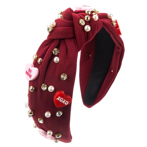 ZAGARO Top Knot Stirnband, geknotetes Stirnband für Frauen - Valentinstag-Kopfschmuck mit Perlenknoten - Be Mine Love Charm-Strass-Kristall-Juwelen-verziertes Haarband für den Valentinstag von ZAGARO