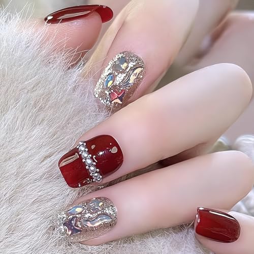30 Stück Nägel zum Aufkleben, ZAHRVIA Sarg Rot Kunstnägel Press on Nails Vollabdeckung Natürliche Acryl Fingernägel Künstliche Nägel mit Strass für Frauen und Mädchen von ZAHRVIA