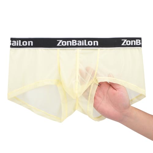 ZAIGELUO Herren Sexy Boxershort Transparent Männer Durchsichtiges Mesh Unterhosen Atmungsaktiv Weiche Unterwäsche L Yellow von ZAIGELUO