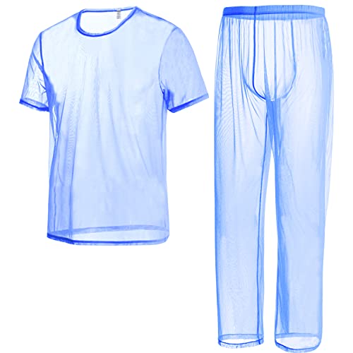 ZAIGELUO Herren Transparent Pajamas Sets Männer Durchsichtiges Sexy Mesh Lässig T Shirt Lounge Hosen Nachtwäsche 3XL Blau von ZAIGELUO