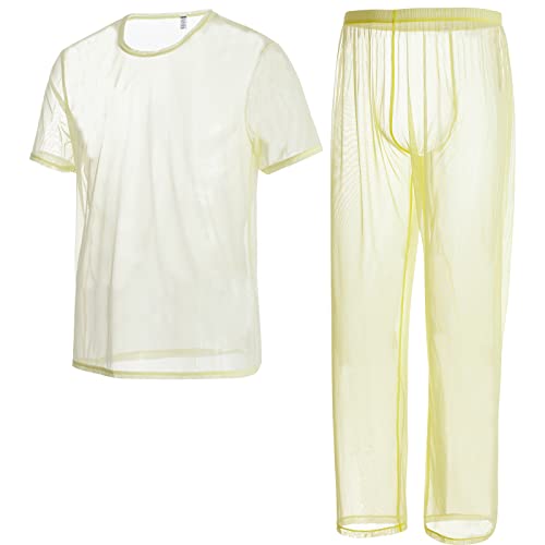 ZAIGELUO Herren Transparent Pajamas Sets Männer Durchsichtiges Sexy Mesh Lässig T Shirt Lounge Hosen Nachtwäsche L Gelb von ZAIGELUO