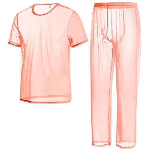 ZAIGELUO Herren Transparent Pajamas Sets Männer Durchsichtiges Sexy Mesh Lässig T Shirt Lounge Hosen Nachtwäsche L Orange von ZAIGELUO