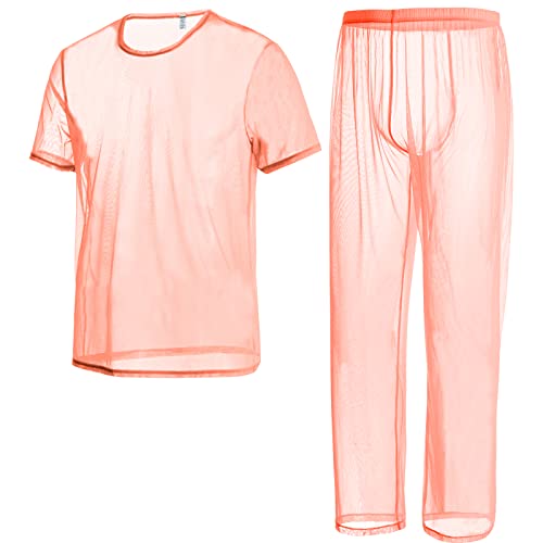 ZAIGELUO Herren Transparent Pajamas Sets Männer Durchsichtiges Sexy Mesh Lässig T Shirt Lounge Hosen Nachtwäsche XL Orange von ZAIGELUO