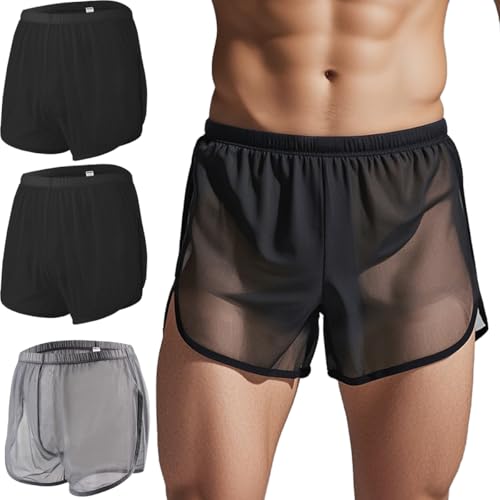 ZAIGELUO Herren Transparent Shorts Boxershorts Männer Mesh Durchsichtige Lockere Unterwäsche mit Large Split Side Atmungsaktive Freizeit Unterhose Nachtwäsche 3XL 3-Pack von ZAIGELUO
