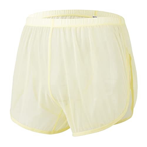 ZAIGELUO Herren Transparent Shorts Boxershorts Männer Mesh Durchsichtige Lockere Unterwäsche mit Large Split Side Atmungsaktive Freizeit Unterhose Nachtwäsche 3XL Gelb von ZAIGELUO