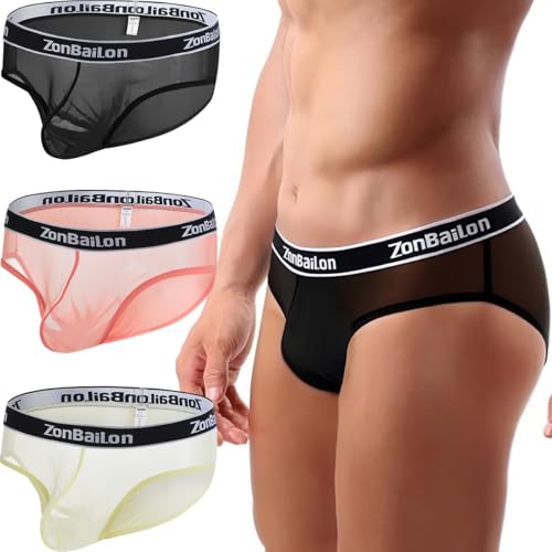 ZAIGELUO Herren Mesh Transparent Slips Sexy Unterwäsche Durchsichtiges Männer Briefs Atmungsaktiv Low Rise Weiche Unterhosen 2XL 3er Pack von ZAIGELUO