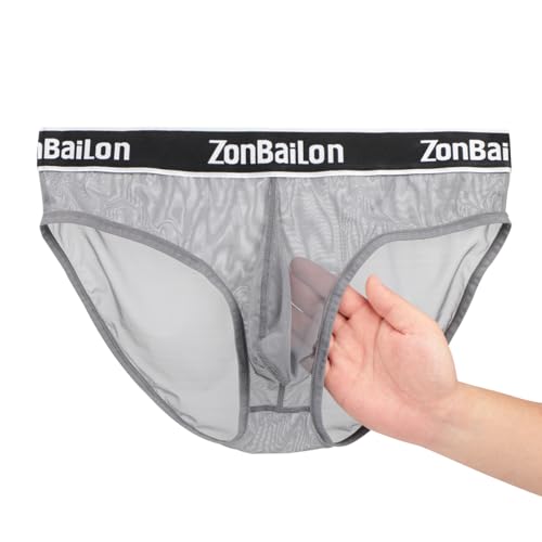 ZAIGELUO Herren Transparent Slips Durchsichtiges Sexy Mesh Unterwäsche Männer Low Rise Unterhosen Atmungsaktiv Weiche Briefs 2XL Grau von ZAIGELUO