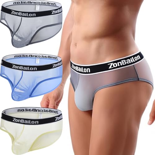 ZAIGELUO Herren Mesh Transparent Slips Sexy Unterwäsche Durchsichtiges Männer Briefs Atmungsaktiv Low Rise Weiche Unterhosen XL 3er Pack von ZAIGELUO