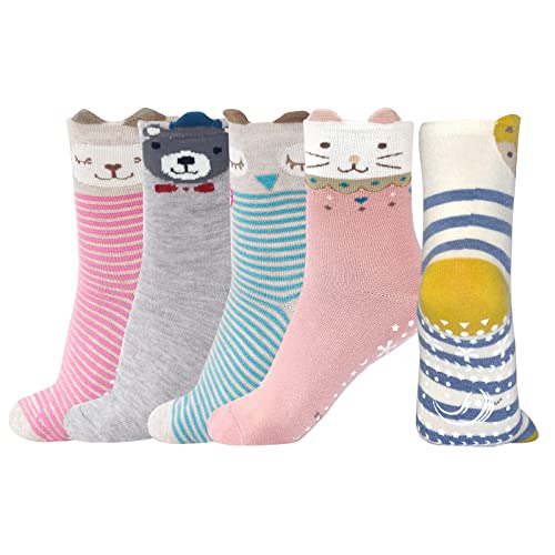 ZAKASA Anti Rutsch Mädchen Haussocken : ABS Lustige Non Slip Stoppersocken Bunte Non Slip Kinder Toddler Socken Baumwolle Krabbel Socken mit Tiermotive Größe 31-34 Katze 8-11 Jahre Alt 5 Paare von ZAKASA