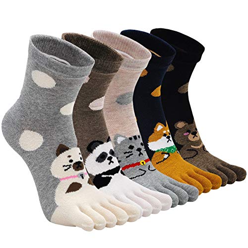 ZAKASA Zehensocken Damen Baumwolle mit Lustig Tiere Muster, Bunt Five Finger Socken, Laufen Socken mit Zehen Einzeln, Atmungsfähig Zehensocken Arbeit Sports, EU 36-41, 5 Paare von ZAKASA