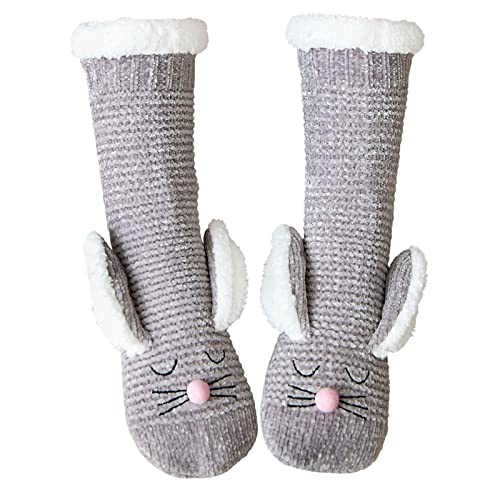 ZAKASA Damen Hüttensocken Kuschelsocken Haussocken: Wintersocken Stoppersocken Warme Dicke Socken mit Innenfrottee ABS Antirutschsohle Lustiges Tiermuster EU 35-41 3D Hellgrau Hase 1 Paar von ZAKASA