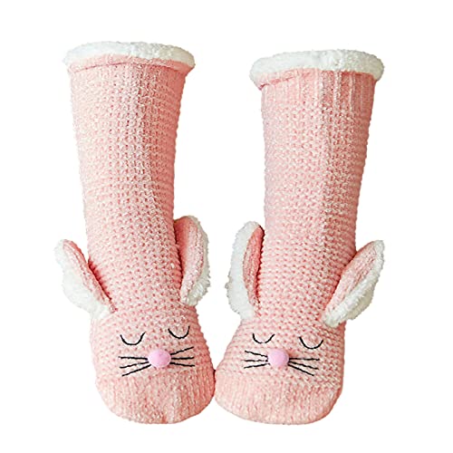 ZAKASA Damen Hüttensocken Wintersocken Haussocken: Kuschelsocken Stoppersocken Warme Dicke Socken mit Innenfrottee ABS Antirutschsohle Lustiges Tiermuster EU 35-41 3D Rosa Hase 1 Paar von ZAKASA